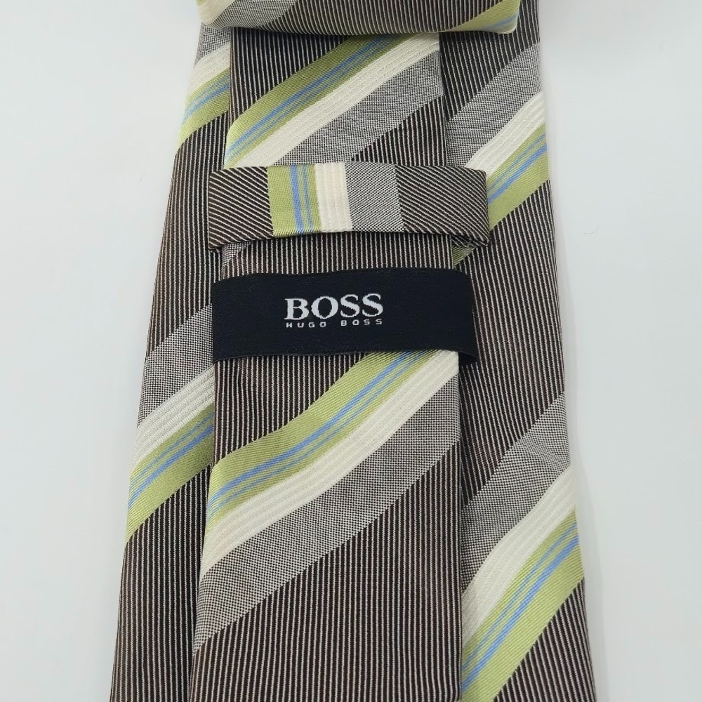 BOSS Hugo Boss Brown/Green Striped 100% Silk Tie - Picture 5 of 6